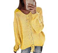V Neck Knit Jumper Women Sweaters Women Ladies Baggy Cable Knitted Jumpers Ladys Long Sleeve Vneck Oversized Chunky Jumper Womens Patchwork Pullover Sweater Loose Casual Cute Plus Size Yellow 3XL
