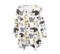 V Neck Long Sleeve Tops for Women Irregular Swing Hem Cute Cartoon Cat Shirts White Stretchy Soft Plus Size Loose Fit Tunic Top Flowy Long Blouses for Leggings Spring Outfits