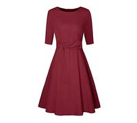 V Neck Loose Dresses for Women Dresses A-line Swing Sleeve 3/4 Midi Women's Dress Dress Teen Girls (Wine, S)