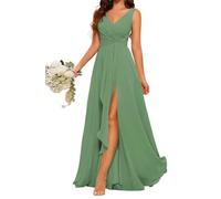 V-Neck Princess Bridesmaid Dresses with Slit Prom Dresses Chiffon Formal Evening Party Gown ZM131 Eucalyptus UK10