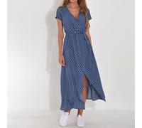 V-neck Printed Dress for Women with Loose Silhouette and Adjustable Lace Up Front for Comfortable Wear (M Blue)