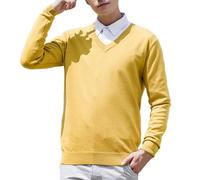 V Neck Pullover Men, Solid Color Knit Jumper Pullover Long Sleeve Soft Touch Knitwear Stretchy Classic Sweater Casual Lightweight Knitted Juper Tops Breathable Comfy Clothing Top Yellow