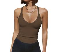 V Neck Racer Back Tank Tops for Women Fit Ribbed Basic Camisole Strap Vest Top(Coffee, M)