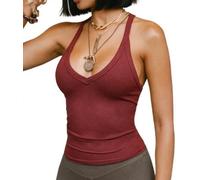 V Neck Racer Back Tank Tops for Women Fit Ribbed Basic Camisole Strap Vest Top(Red, M)