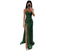 V Neck Sequin Prom Dresses for Women's Spaghetti Straps Long Mermaid Formal Evening Party Gown with Slit Emerald Green L