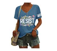 V-Neck Shirt Retro Resist Not My President, Not My Voice Print Upside Down American Flag Shirt (Blue, Large)
