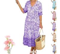 V-Neck Summer Bohemian Dress, Bohemian Casual Print v-Neck Shirred Waist Long Dress,Casual Comfy Loose D-RESS,Summer Printed Floral Short Sleeve Beach D-RESS (Purple,S)