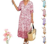 V-Neck Summer Bohemian Dress, Bohemian Casual Print v-Neck Shirred Waist Long Dress,Casual Comfy Loose D-RESS,Summer Printed Floral Short Sleeve Beach D-RESS (Pink,5XL)