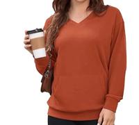 V Neck Sweatshirt for Women - Fall Winter Oversized Long Sleeve Pullover with Pockets Solid Color Loose Fit Casual Top, Fleece Comfy No Hood Tops for Daily Wear Office (#5,XXL)