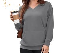 V Neck Sweatshirt for Women - Fall Winter Oversized Long Sleeve Pullover with Pockets Solid Color Loose Fit Casual Top, Fleece Comfy No Hood Tops for Daily Wear Office (#2,L)