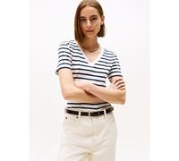 V-Neck T-Shirt with Short Sleeves ecru/navy striped