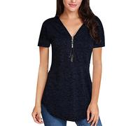 V Neck T Shirt Women Ladies Oversized Zip T Shirts for Women T-Shirt Womens T Shirts Woman Plain Personalised T Shirt Short Sleeve Tunic Tops Tee Shirts T-Shirts for Women Basic Plus Size Black XL