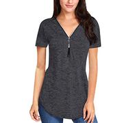 V Neck T Shirt Women Ladies Oversized Zip T Shirts for Women T-Shirt Womens T Shirts Woman Plain Personalised T Shirt Short Sleeve Tunic Tops Tee Shirts T-Shirts for Women Basic Plus Size Grey XL