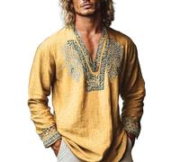 V Neck T Shirts for Men UK Long Sleeve Cotton T-Shirts Ethnic Printed Designer Tshirts Vintage Lightweight Beach Tees Breathable Casual Tops Summer Hawaiian Clothes
