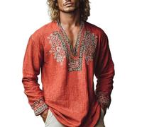 V Neck T Shirts for Men UK Long Sleeve Cotton T-Shirts Ethnic Printed Designer Tshirts Vintage Lightweight Beach Tees Breathable Casual Tops Summer Hawaiian Clothes
