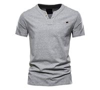 v Neck t Shirts for Men UK：Men's Fashion Casual Solid Colour Cotton V-Neck Button Pocket Short Sleeve T-Shirt Lightweight Summer Beach Tops with Pocket Henley Shirt for Men UK