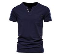 v Neck t Shirts for Men UK：Men's Fashion Casual Solid Colour Cotton V-Neck Button Pocket Short Sleeve T-Shirt Lightweight Summer Beach Tops with Pocket Henley Shirt for Men UK