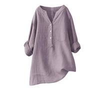 V Neck T Shirts for Women Plus Size Loose Fit Tunic Tops Solid Color Button Down Blouse Tops with Pocket Basic Long Sleeve Longline Linen Tee Tops Deals of The Day Sale Hot Pink