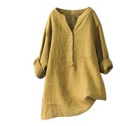 V Neck T Shirts for Women Plus Size Loose Fit Tunic Tops Solid Color Button Down Blouse Tops with Pocket Basic Long Sleeve Longline Linen Tee Tops My Orders Placed Recently by Me Yellow