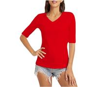 V Neck T Shirts for Women UK Sale Clearance Half Sleeve Tops Summer Solid Color Tshirts Lightweight Slim Fit Tee Shirts Casual Comfortable Plian Tshirts Ladies Blouses Size 8-22 Red