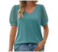V Neck T Shirts for Women UK Sale Clearance,Mesh Tops Ladies Going Out Swiss Dot Short Sleeve Summer Shirt Elegant Vintage Plain Tunic Top Loose Fit Work Office Tee Blouses Summer Tops