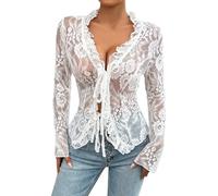 V Neck T Shirts Women 's Lace Crop Tops Long Sleeve Tie Up Front Solid Color Slim Fit T Shirts See Through Blouses Long Sleeve Stretch Top Womens Holiday Essentials for Women White