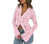 V Neck T Shirts Women 's Lace Crop Tops Long Sleeve Tie Up Front Solid Color Slim Fit T Shirts See Through Blouses Long Sleeve Stretch Top Womens Early Prime Deals Pink
