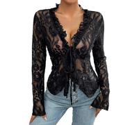 V Neck T Shirts Women 's Lace Crop Tops Long Sleeve Tie Up Front Solid Color Slim Fit T Shirts See Through Blouses Long Sleeve Stretch Top Womens Deals of The Day Sale Black