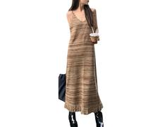 V-Neck Tassel Striped Knitted Suspender Skirt for Women Spring and New Dress with Bottoming Over-The-Knee Long Skirt - Coffee - one Size