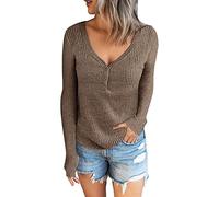 V Neck Tops for Women Casual Loose Fit Ribbed Long Sleeve T-Shirts Solid Color Button Baggy Pullover Tunic Tops Stretchy Comfy Blouse Sexy Fashion Daily Deals of The Day Khaki