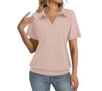V Neck Tops for Women UK Ladies Summer Classic Solid Color Collared Tee Shirt Basic Short-Sleeve Tops Loose Fit Casual T-Shirt Comfy Tunic Blouses Streetwear Lounge Wear(Camel, L)