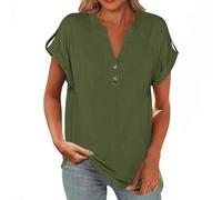 V Neck Tshirts for Women UK Ladies Summer Tops Solid Color Button Roll Up Short Sleeve Plain Basic Linen Shirts Blouses Loose Fit Tunics Activewear