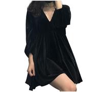 V Neck Velvet Dress for Women Vintage Elegant Long Sleeve Mini Dress Elegant Cocktail Dress Elastic Waish Tunic Evening Dresses Banquet Dinner Dress 50s A-line Party Dresses Plus Size 22 Black