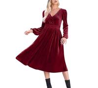 V Neck Velvet Dresses for Women UK Clearance Vintage Elegant Long Sleeve Midi Dress Elegant Cocktail Dress Elastic Waist High Waist Midi Pleated Dresses Dinner Dress 50s A Line Party Dresses Wine