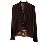 V Neck Velvet Tops for Women UK Ladies Button Down Shirts and Blouses Long Sleeve Plus Size Tops Elegant Solid Business Office Work Tunic Tops Loose Fit Dress Shirts Party Velour Blouse Coffee