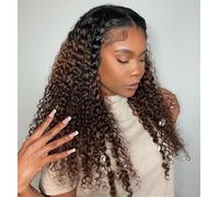 V Part Curly Wig Human Hair Ombre Brown No Leave Out Afro Kinky Curly Human Hair Wig 14 Inch 180% Density Beginners Friendly Natural Black Quick Style For Everyday Use
