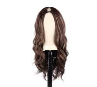 V Part Long Curly Wavy Wig， Clip in Synthetic Hair Replacement Wig for Women 24 inch Adds Volume(Brown with highlight)