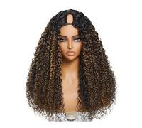 V Part Wig Human Hair Curly with Drawstring Glueless Clip in Wigs Beginner Friendly No-Sew In No Glue(Brown whit Highlight,16inch)