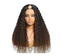 V Part Wig Human Hair Curly with Drawstring Glueless Clip in Wigs Beginner Friendly No-Sew In No Glue(Brown Ombre,16inch)
