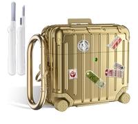 V.R.HOPE Case Compatible with AirPods 4 Case Cover, Funny Suitcase Design Protective Case for Airpods 4th Generation 2024, Cute Fashion Protective Hard Case with Cleaner Kit and Carabiner - Gold