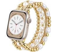 V.R.HOPE Pearl Straps Compatible with Apple Watch Straps Series 7/8/9/SE/10/ 46mm 45mm 44mm 42mm Women, handmade exquisite elastic watch strap for iWatch Ultra 49mm Series 6/5/4/3/2/1 - Gold - L