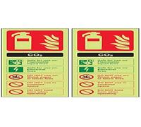 V Safety 11004AJ-G Glow In The Dark Co2 Id Fire Extinguisher Sign - 100mm x 280mm - Rigid Plastic, Black/Green/Red (Pack of 2)