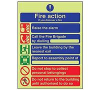 V Safety 12009AN-G Glow In The Dark General Fire Action 6 Message Sign - 150mm x 200mm - Rigid Plastic, Black/Blue/Green/Red