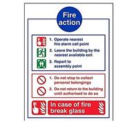 V Safety 12012AN-S General Fire Action Break Glass Sign - Portrait - 150mm x 200mm - Self Adhesive Vinyl, Blue/Green/Red