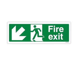 V Safety 14005AX-R Fire Exit Arrow Down Left Sign - Landscape - 300mm x 100mm - 1mm Rigid Plastic, Green