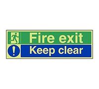 V Safety 14012BJ-G Glow In The Dark Fire Exit/Keep Clear Sign - 450mm x 150mm - Rigid Plastic, Blue, Green