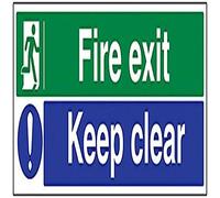 V Safety 14012BP-S Fire Exit/Keep Clear Sign, Landscape, Self Adhesive Vinyl, Blue, Green, 600 mm x 200 mm