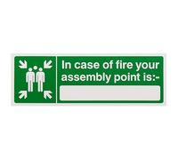 V Safety 17026AX-S In Case Of Fire Your Assembly Point Is: Sign - Landscape - 300mm x 100mm - Self Adhesive Vinyl, Green