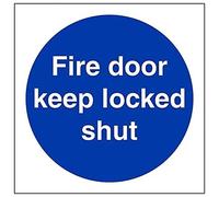 V Safety 18015AF-R Fire Door Keep Locked Shut Sign - Square - 100mm x 100mm - 1mm Rigid Plastic, Blue