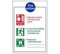 V Safety 3 Point Fire Action Notice/Operate Nearest Fire Alarm 210 x 297 mm (A4) - 2mm Super-Tough Rigid Plastic Safety Sign